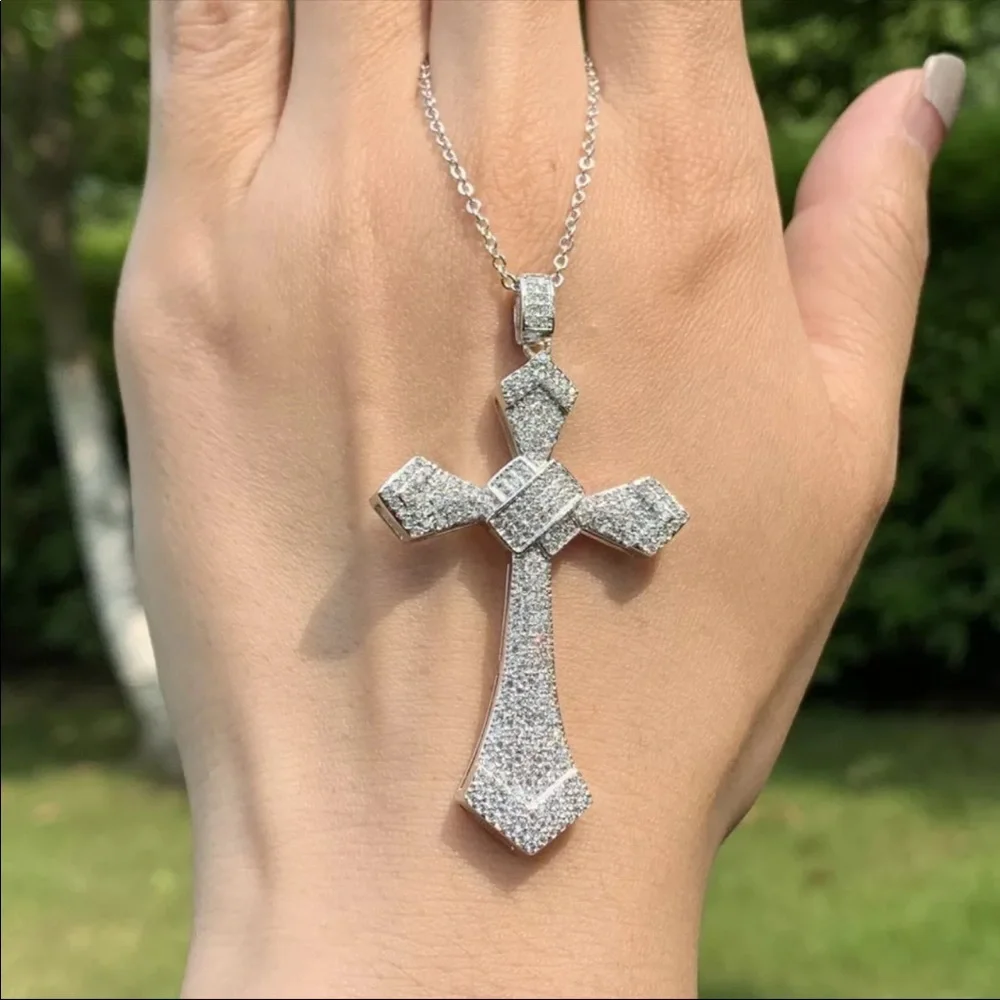 New Women’s Men 925 Silver Big Cross Diamond Necklace - Picture 4 of 7